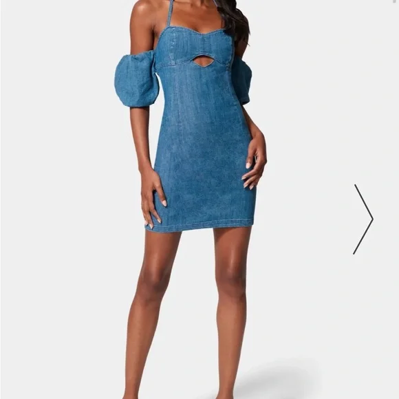NWT Bebe Bubble Sleeve Off the Shoulder Denim Dress Sz 0 - Picture 2 of 3